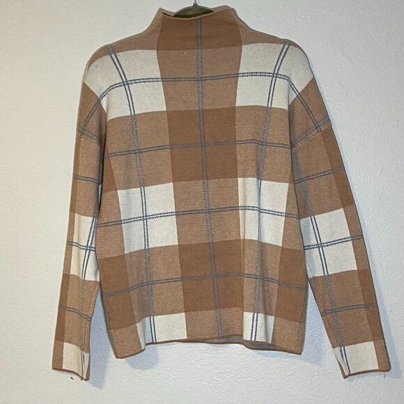 Rachel Zoe Plaid Funnel Neck Sweater Brown Cream Blue Stretch Fit Cozy‎ Large - Picture 6 of 6